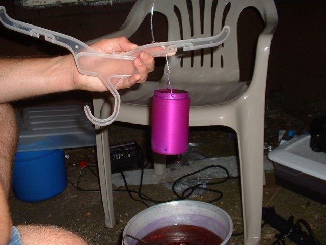 The other shaker coming out of the wastebasket dye tank, now purple in color.