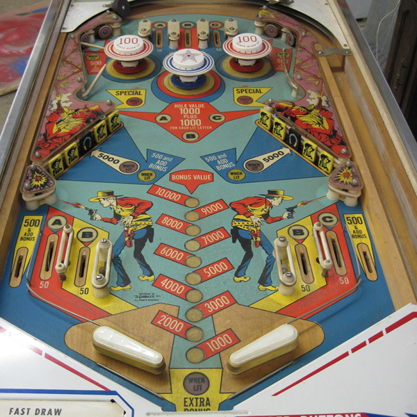 The Gottlieb Fast Draw playfield, before restoration.