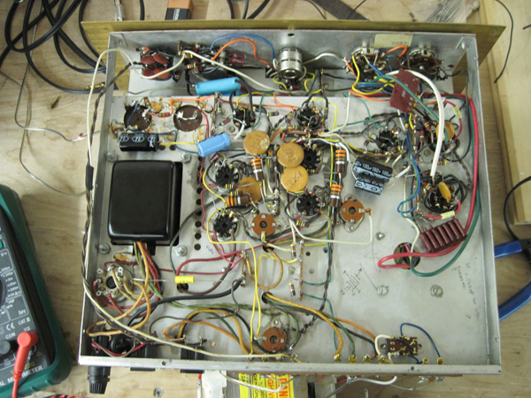 A view from beneath the chassis. All non-ceramic caps have been replaced.