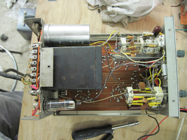 The oscilliscope from above with its case removed.