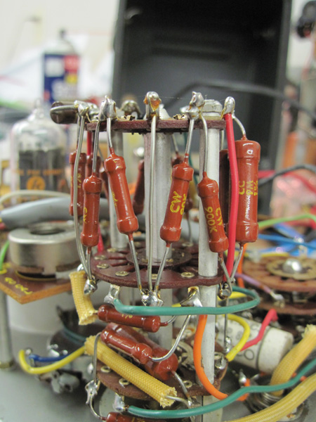 A closeup of the selector switch with high precision resistors.