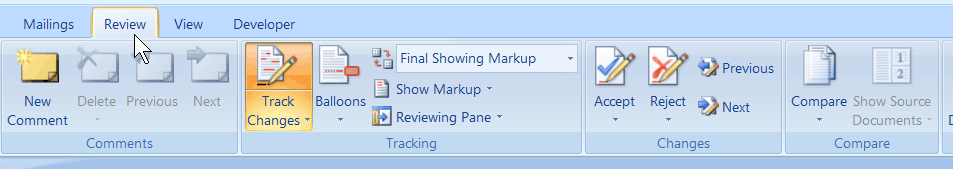 The Reviewing toolbar.