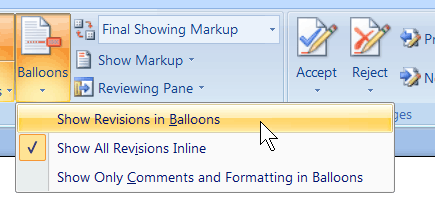 Pulldown menu with the folowoing three options: Show Revisions in Balloons, Show All Revisions Inline, and Show Only Comments and Formatting in Balloons.