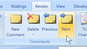 Comments area of the Review toolbar, containing the buttons Add Comment, Delete, Previous, and Next.