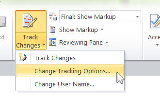 Pulldown menu with the folowoing three options: Show Revisions in Balloons, Show All Revisions Inline, and Show Only Comments and Formatting in Balloons.