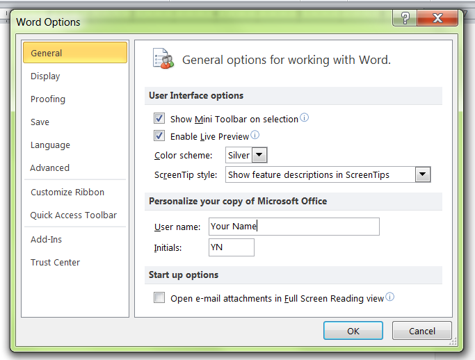 The Word Options menu.