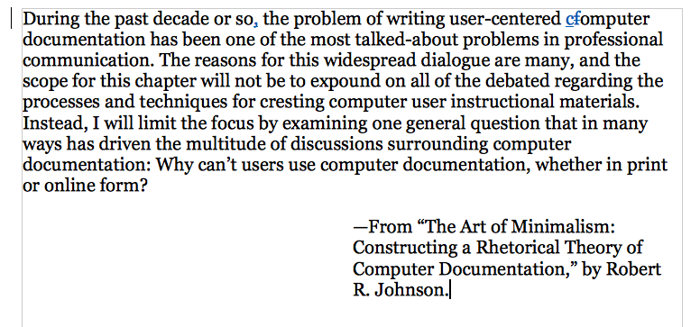 A screenshot ot the Open Office window, displaying a document with the following, corrected text: During the past decade or so, the problem of writing user-centered computer documentation...