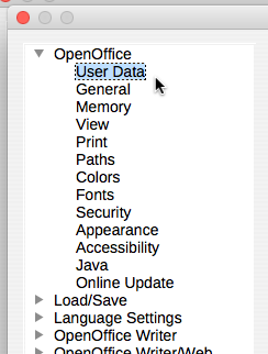 The 'User Data' on the left side of the 'Preferences' menu in Open Office.
